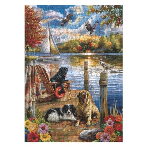 Autumn Lake Puzzles für Erwachsene 1000 Teile, Herbst Lustige Hunde Puzzles, Niedliche Tiere Golden Retriever Labrador Vogel Blume Urlaub Puzzle von IdeaBazar