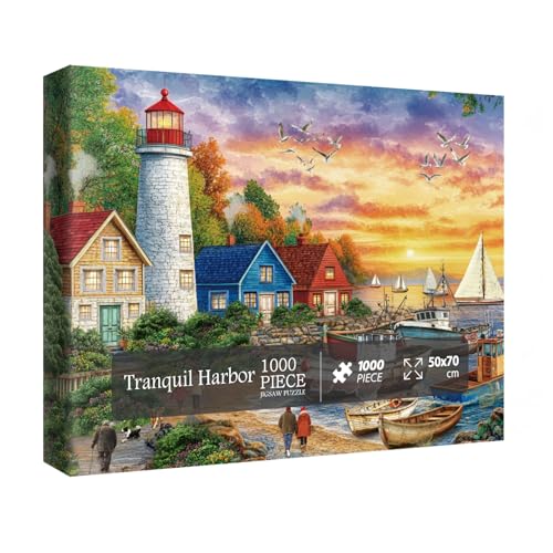 Beach Ocean Leuchtturm-Puzzles für Erwachsene, 1000 Teile, buntes Sonnenuntergang, Segelboot, Landschaft, Szenen-Puzzle, lustiges Vogel-, Hunde-Baum-Landschafts-Puzzle von IdeaBazar