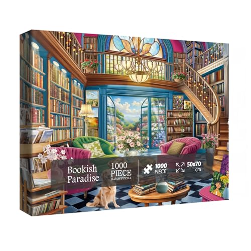 Bunte Bibliotheks-Gartenpuzzles für Erwachsene, 1000 Teile, Natur, schönes Buch, Katze, Hund, Kunst, Haus, Puzzle, hübsche Blumenpflanze, Fantasie-Puzzle von IdeaBazar