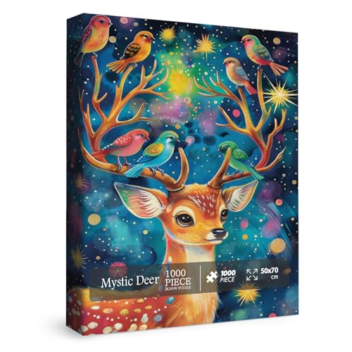 Bunte Hirsch-Vogel-Puzzles für Erwachsene, 1000 Teile, niedliche Tier-Fantasie-Kunstmalerei, Sterne, Puzzle, magisch, schwierig, herausforderndes Puzzle von IdeaBazar