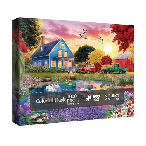 Buntes Seehaus-Puzzles für Erwachsene, 1000 Teile, schöne Sonnenuntergang-Blume, Baum, Landschaft, Szenen-Puzzle, lustiges Vogel-Puzzle, Enten-Puzzle von IdeaBazar