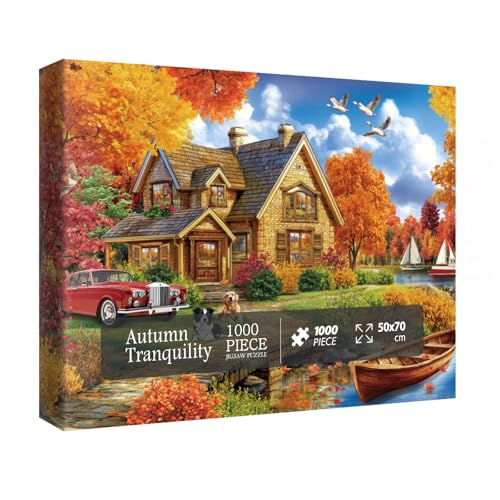 Herbstlandhaus-Puzzles für Erwachsene, 1000 Teile, Herbstlandschaft, lustige Hunde, Vogel-Puzzle, buntes Golden Retriever, Labrador, Entenbaum, Urlaubspuzzle von IdeaBazar