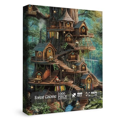 Lustige Wald-Wichtel-Puzzles für Erwachsene, 1000 Teile, schöne Natur-Elfen-Baumhaus-Landschaftspuzzles, skurrile Baumlandschaftspuzzles von IdeaBazar