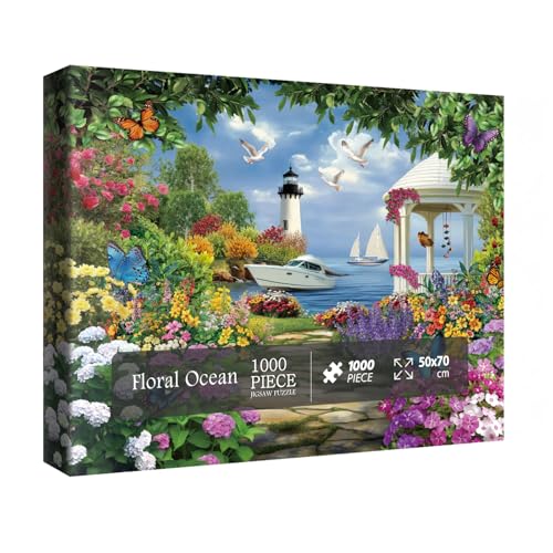 Schöne Ozean-Garten-Puzzles für Erwachsene, 1000 Teile, Natur, bunte Blume, Schmetterling, Kunst, Puzzle, hübsche Pflanze, Leuchtturm, Segelboot, malerisches Blumenbaum-Puzzle von IdeaBazar