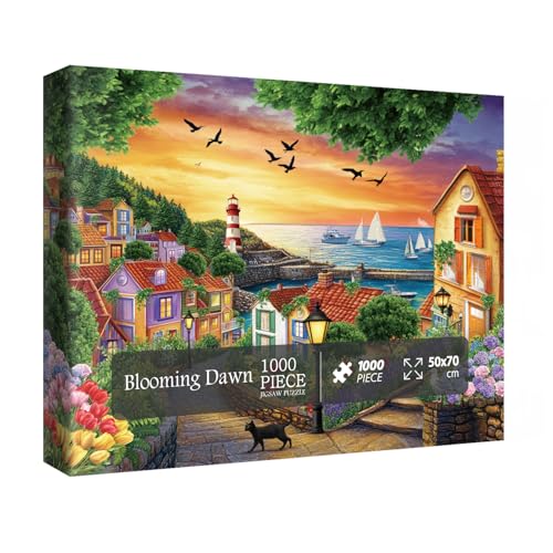 Strand-Puzzles für Erwachsene, 1000 Teile, buntes Sonnenuntergang, Leuchtturm, Segelboot, Landschaft, Landschaft, Puzzle, lustige Katze, Vogel, Baum, Blumenlandschaft Puzzle von IdeaBazar