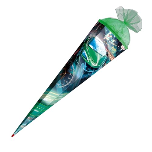 ROTH Schultüte Racing 85 cm groß, runde Zuckertüte mit Tüllverschluss, Geschenkverpackung zur Einschulung von ROTH