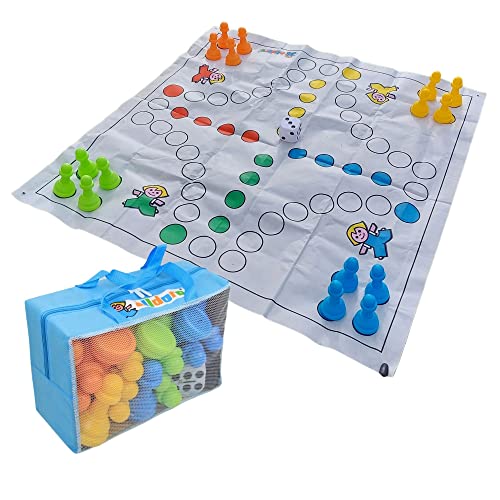 alldoro 60060 Garten Ludo, XXL Outdoor Brettspiel mit 16 Spielfiguren und Würfel, Riesenludo mit Tragetasche, große Garden Matte mit Laufspiel Muster, Spiel für Kinder ab 3 Jahre und Erwachsene von alldoro