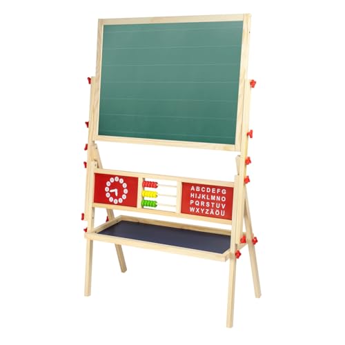 Idena 20177 - Magnetstandtafel für Kinder, 2-seitig mit Ablage, Abacus und Uhr, Kreidetafel und Magnettafel aus FSC Holz, ca. 76 x 38 x 118 cm von Idena