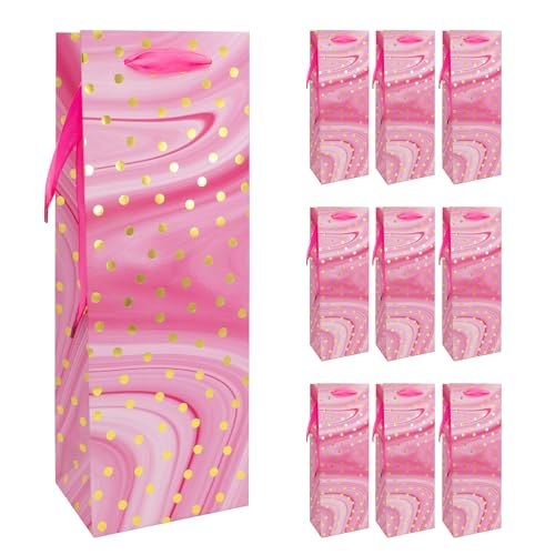 Idena 30379-10 - Flaschentaschen Dot, 10 Stück, Geschenktüten in der Größe 12 x 9 x 35 cm, Papiertüten in Pink mit goldenen Punkten von Idena