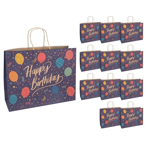 Idena 30398-12 - Geschenktüten Happy Birthday, 12 Stück, Geschenktaschen in der Größe 33 x 12 x 26 cm, Papiertüten zum Geburtstag von Idena