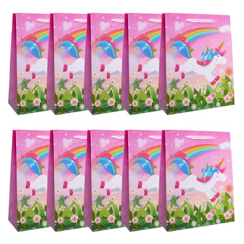 Idena 30481 -10 - Geschenktüten Einhorn, 10 Stück, Geschenktasche in der Größe 18 x 23 x 8 cm, Papiertüten in Pink mit einem Einhorn von Idena