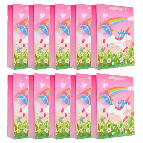 Idena 30482 -10 - Geschenktüten Einhorn, 10 Stück, Geschenktasche in der Größe 25 x 34 x 9 cm, Papiertüten in Pink mit einem Einhorn von Idena