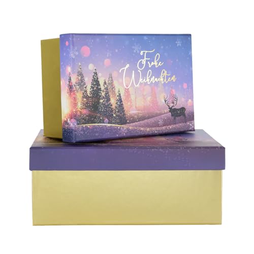 Idena 30494 - Geschenkbox mit Deckel, 2 Stück in den Größen 19 x 8 x 13 und 23 x 9 x 15 cm, Schachtel Frohe Weihnachten in Gold und Lila von Idena