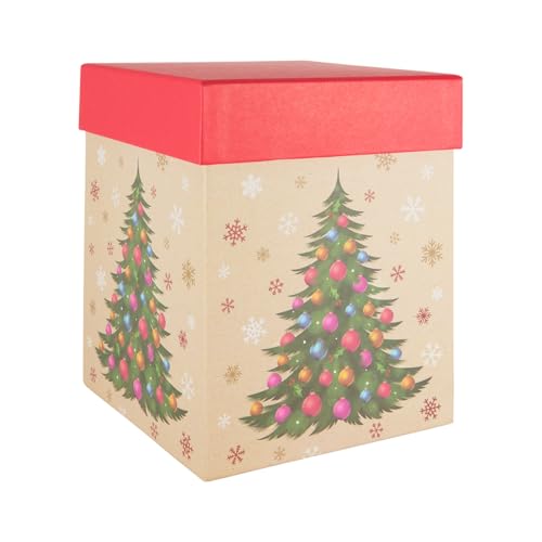 Idena 30508 30508-Geschenkbox mit Deckel, Größe 18 x 18 x 22 cm, Schachtel in Braun und Rot mit Weihnachtsbaum von Idena