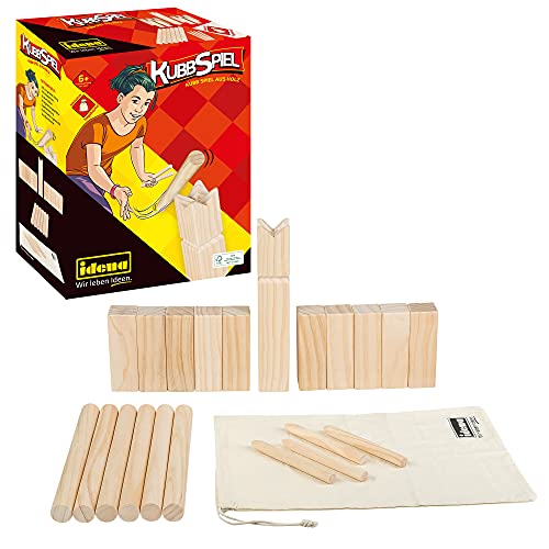 Idena 40175 - Kubb Spiel mit 10 Kubbs, 6 Wurfhölzern, König und 4 Eckstäben, inklusive Transport- und Aufbewahrungsbeutel von Idena