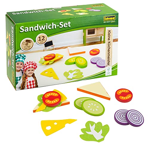 Idena 4100105 - Kleine Küchenmeister Sandwich Set aus Holz, für Spielküche und Kaufmannsladen, ab 3 Jahre, ca. 15 x 10 x 4 cm groß von Idena