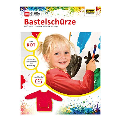 Idena 611186 - Bastelschürze für Kinder von 7 bis 8 Jahren mit langen Ärmeln und Klettverschluss, in Rot, ideal zum Malen, Basteln, Kochen und Matschen von Idena