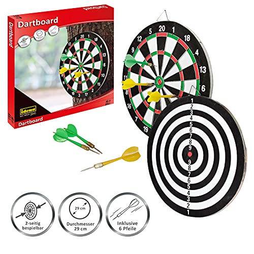 Idena 6176535 - Dartspiel mit 2 Dartscheiben und 6 bunten Pfeilen, 2 seitig bespielbar, Durchmesser ca. 29 cm, für drinnen und draußen von Idena