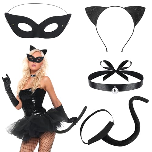 Idota 4 Stück Katzenkostüm Damen, Erwachsener Cosplay Kostüm Set mit Katzenohren Haarreif Plüsch Schwanz Halskette und Masken für Halloween, Karneval, Kostümfest, Katze Cosplay von Idota