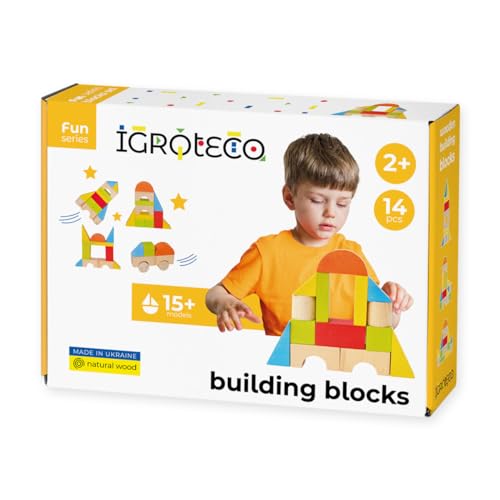 Igroteco® Bauklötze-Set Universal – 14 Teile aus natürlichem Holz, zertifizierte Farben, langlebig, kreativ und sicher, inkl. 15 Bauideen – Geschenk für Kinder ab 2 Jahren von Igroteco