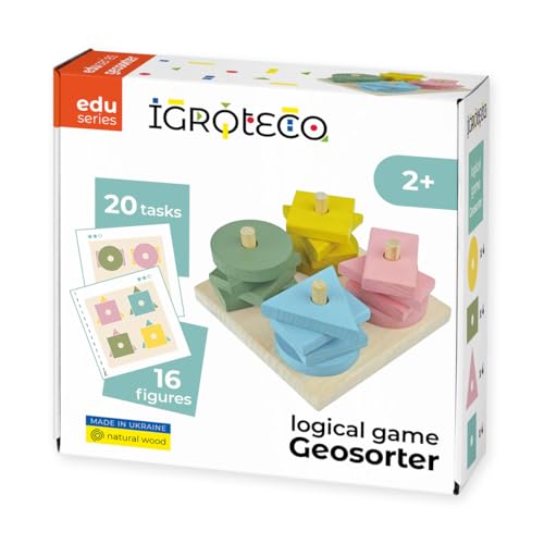 Igroteco® Geo-Sorter aus Holz | Lernspiel für Kinder | Stapel- und Fädelspiel mit 4 geometrischen Formen | Fördert Feinmotorik, Farben & Formen | Inkl. Aufgabenheft | Ab 2 Jahren von Igroteco