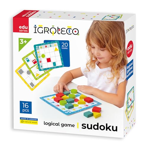 Igroteco® Logikspiel Geometrisches Sudoku | 16 Teile aus Holz | pädagogisches Holzspielzeug 20 Aufgaben | Förderung von Logik und Feinmotorik | sichere wasserbasierte Farben von Igroteco