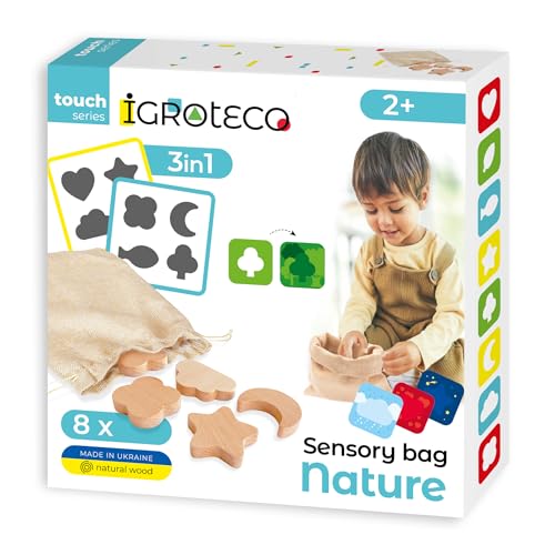 Igroteco® Sensorik-Beutel Natur aus Holz | Lernspiel für Kinder | 6 Spielvarianten | Entwicklung von Feinmotorik, Farben & Formen | Inkl. 8 Doppelseitiger Karten & Leinenbeutel | Ab 2 Jahren von Igroteco