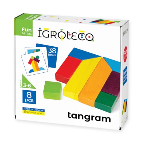 Igroteco® Tangram 8 Teile – Holzpuzzle für Kinder & Erwachsene | Nachhaltiges Lernspiel mit 38 Aufgaben, lebendigen Farben & sicherer Verpackung | Fördert Konzentration & Kreativität von Igroteco