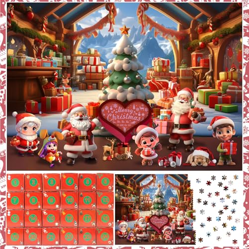 Adventskalender 2024 Puzzle, 24 Tage Weihnachts-Countdown Familienspaß, enthält 1008 Teile, geeignet für Erwachsene und Kinder, kann als Geschenk und Dekoration verwendet Werden (Blockhaus) von Igzkc