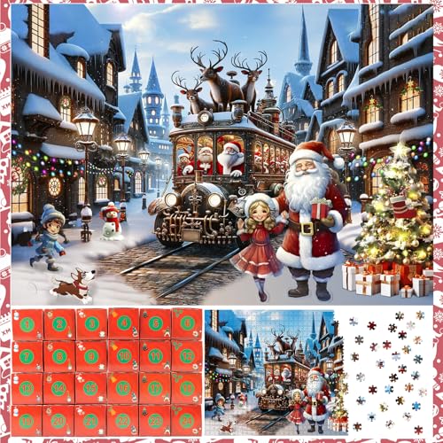 Adventskalender 2024 Puzzle, 24 Tage Weihnachts-Countdown Familienspaß, enthält 1008 Teile, geeignet für Erwachsene und Kinder, kann als Geschenk und Dekoration verwendet Werden(Zug) von Igzkc