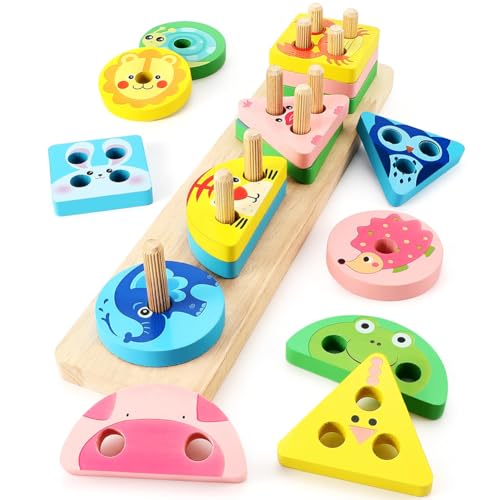 IhLux Holz Puzzles Kinder, Farben und Formen Puzzle-Stapler, Sortier- und Stapelspielzeug aus Holz für Kleinkinder, Montessori Early Educational Block Puzzles, Farberkennung Formsortierer von IhLux