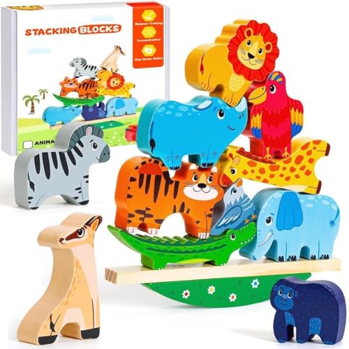 IhLux Stapelspiel Holzspielzeug, Balance Motorikspielzeug aus Holz, Tiere zum Stapeln Bausteine Kinder Balancespiel, Holz Motorikspielzeug Lernspiele von IhLux