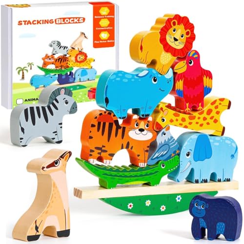 IhLux Stapelspiel Holzspielzeug, Balance Motorikspielzeug aus Holz, Tiere zum Stapeln Bausteine Kinder Balancespiel, Holz Motorikspielzeug Lernspiele von IhLux