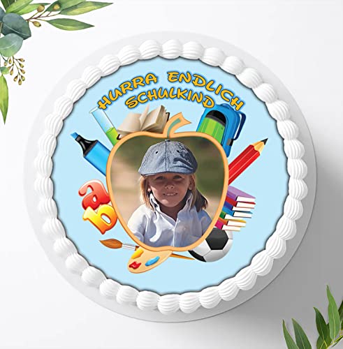 Für die Einschulungstorte, Schulkind mit Wunschfoto für Personalisierte Torte, Fondant, Tortenaufleger Ø 20cm, 0174z von Ihr Onlineshop Digital-on 24