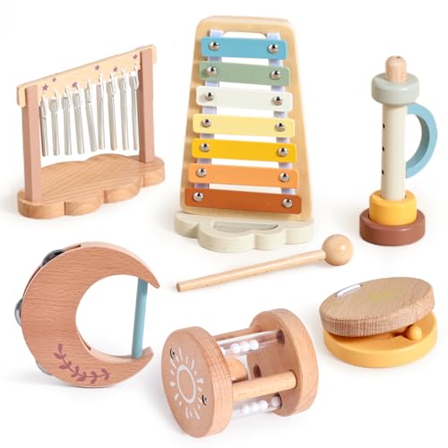 Ikubigu Musikinstrumente für Kleinkinder, modernes Boho-Musikspielzeug für Kleinkinder, Holz-Percussion-Instrumenten-Set mit Xylophon und Windspiel, Montessori-Baby-Musikinstrument-Set für Jungen und von Ikubigu