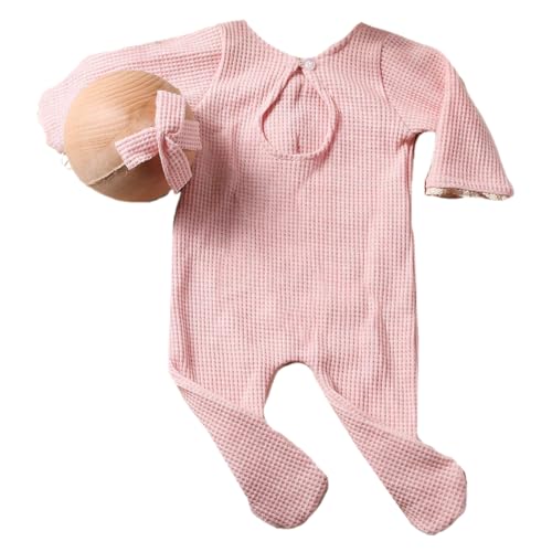 Illkjasfc Neugeborenen Foto Requisiten Stricken Kostüm Bowknot Stirnband Baby Footed Strampler Foto Kleidung Fotostudio Requisiten 2PCS von Illkjasfc