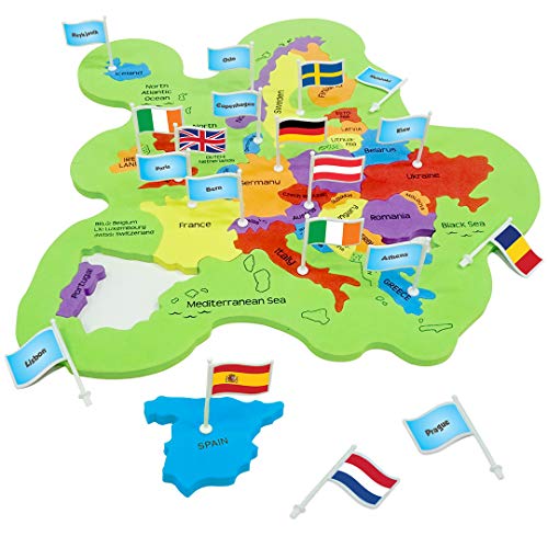 Imagimake Mapology Europa mit Hauptstädten – Puzzle für Kinder 5-12 Jahre, Geographie-Lernspielzeug mit 2 Schaumstoffrahmen, 75 Puzzleteilen, 65 Flaggen und Aufkleber-Set von Imagimake