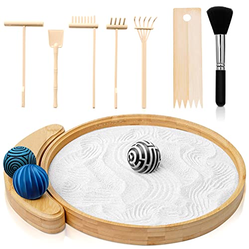 Japanisches Zen-Garten-Set für Schreibtisch, 24,1 cm Bambus-Sandschale, 3 Stempelkugeln aus Kunstharz, Zen-Dekor und Meditationszubehör, 6 Mini-Zen-Gartenrechen, Mini-Zen-Dekor-Meditationsgeschenke von Imamse