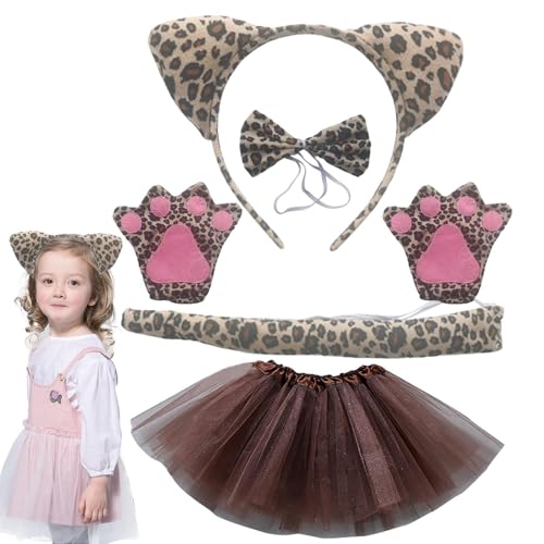 Imtrub Haarreif mit Ohren, Leopardenmuster, 5-teiliges Set, Halloween-Kostüm, mit Krallen, Tutu, Tieren, Cosplay-Set, Fliege, Stirnband, Cosplay-Kostüm für Mädchen im Alter von 3–14 Jahren von Imtrub