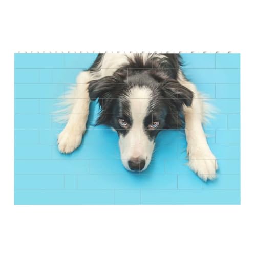 Lustiger Welpe Hund Border Collie Auf Blauem Hintergrund, Baustein-Block-Puzzles Puzzles Spielzeug Familienspiel von InOmak