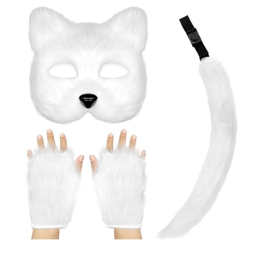 IncreDecor Katze Fuchs Maske Handschuhe und Schwänze Set Pelzkatze Therian Gesichtsmaske Halloween Tier Fuchsschwanz Cosplay Kostüm Zubehör (Weiß) von IncreDecor