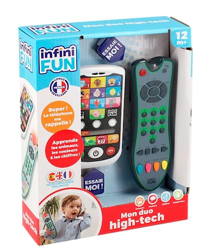 Infini Fun Mein Duo High-Tech Telefon + Fernbedienung – 1 dreisprachige Fernbedienung Französisch/Englisch/Spanisch & 1 Ultra-realistisches Telefon. – Spielzeug für mehrere Lernaktivitäten ab 12 von Infini Fun