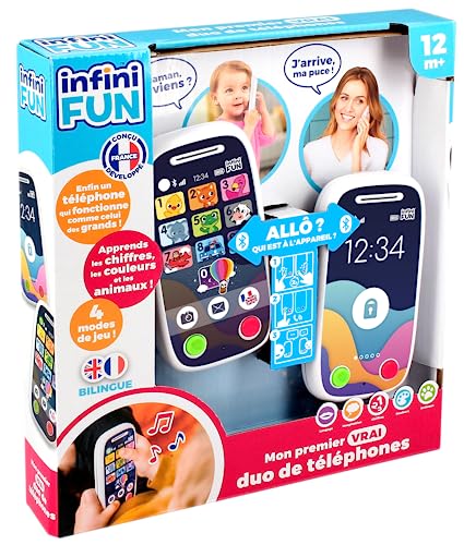 Infini Fun Mein erstes wahres Duo von Telefonen – das erste Telefon, mit dem Sie Anrufe über Bluetooth tätigen können. – Nachahmungsspielzeug, mehrsprachig, Französisch/Englisch, ab 12 Monaten von Infini Fun