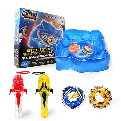 INFINITY NADO Non Stop Battle Arene Set, Packung mit 2 Tops von ARE'S Wings und Cracking Panzer, Kreisel für Kinder Metall Spielzeug Jungen, Kreisel Launcher, Spinning Tops Jungen ab 5 Jahr von INFINITY NADO