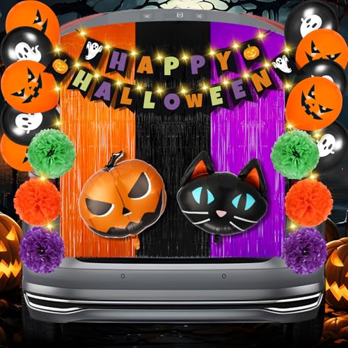 25 Stück Halloween Kofferraum oder Leckerli Auto Dekorationen mit Lichtern Happy Halloween Banner Folienballons Fransenvorhang Papier Pompons für Auto Torbogen Garagentor Outdoor Indoor Decor Party von Innovoscape