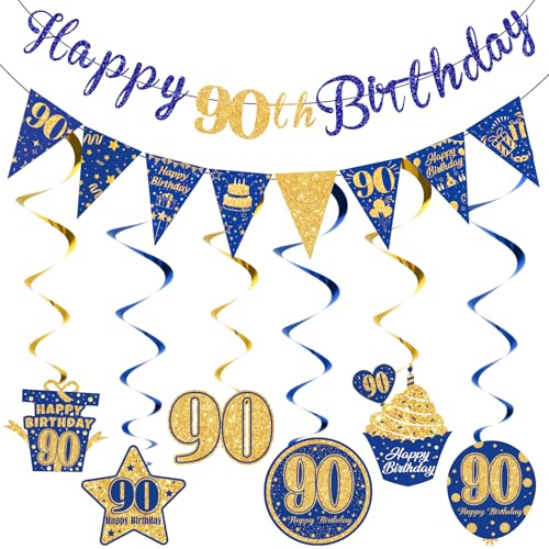 Blau 90 Geburtstag Dekorationen für Männer Frauen Blau Gold Happy 90th Birthday Banner Glitzer Hängende Wirbel Dreieck Flagge Banner für Blau Gold 90 Geburtstag Party Supplies von Innovoscape