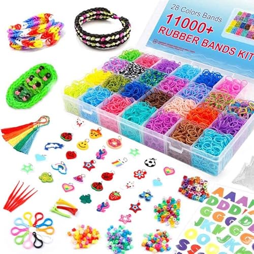 Inscraft 11900+ Loom Bänder Set, 28 Farben Loom Gummibänder für Armbänder, Loop Armbänder set Kinder zum Halsketten und Gummi Armband basteln, mit 600 Clips, 52 ABC-Perlen, 200 Perlen, 5 Quasten usw von Inscraft