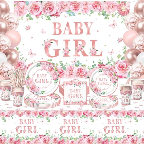 167 PCS Baby-Dusche-Dekorationen für Mädchen Geschlecht Reveal Party Supplies Geschirr-Set Teller, Servietten, Hintergrund Rose Gold Floral Mädchen Baby Dusche Dekorationen Party Supplies für 20 Gäste von Inspireyee