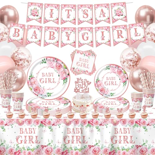 168 PCS Baby Dusche Dekorationen für Mädchen Gender Reveal Party Supplies Baby Girl Geschirr Set-Teller Servietten Banner Rose Gold Floral Mädchen Baby Dusche Dekorationen Party Supplies für 20 Gäste von Inspireyee