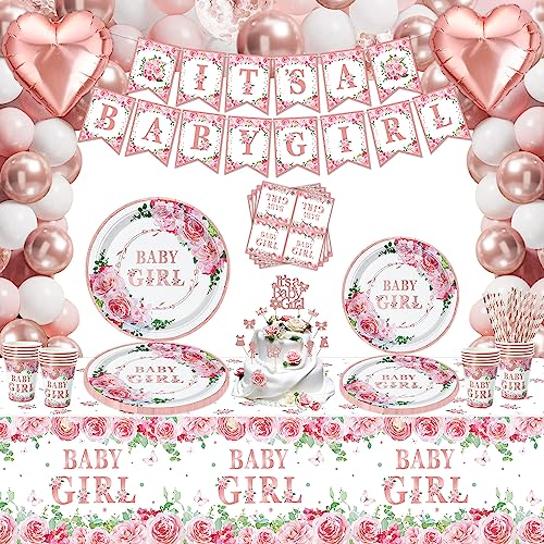 168 PCS Baby Dusche Dekorationen für Mädchen Gender Reveal Party Supplies Baby Girl Geschirr Set-Teller Servietten Banner Rose Gold Floral Mädchen Baby Dusche Dekorationen Party Supplies für 20 Gäste von Inspireyee